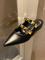 Womens Mules Black PU Leder Pointed Toe Chunky Heel Slingbacks Schuhe