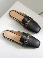 Womens Mules Black PU-Leder-Quadrat-Zeh-Slip-On-Welpen-Ferse lässig flache Schuhe