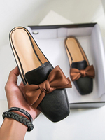 Womens Mules Black PU-Leder-Quadrat-Zeh-Slip-On-Welpen-Ferse lässig flache Schuhe