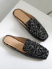 Womens Mules Black PU-Leder-Quadrat-Zeh-Slip-On-Welpen-Ferse lässig flache Schuhe