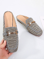 Womens Mules Black PU-Leder-Quadrat-Zeh-Welpen-Ferse Slip-On-flacher Sandale