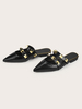Womens Mules Black PU-Leder spitzer Zehe Flache Schuhe Sommer Slipper