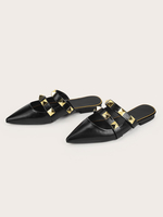 Womens Mules Black PU-Leder spitzer Zehe Flache Schuhe Sommer Slipper