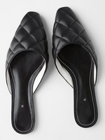 Womens Mules Black PU Leder spitzer Zehe Hengels Slip-On Flachsandal