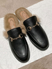 Womens Mules Black PU Leder spitzer Zehe Slip-On Casual flache Schuhe