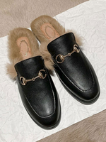 Womens Mules Black PU Leder spitzer Zehe Slip-On Casual flache Schuhe