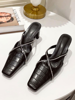 Womens Mules Black PU Leder Square Toe Chunky Heel Slingbacks Schuhe