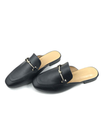 Womens Mules Black PU Leder Square Toe Slip-On Täglich Casual Flat Schuhe