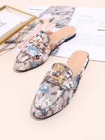 Womens Mules Blue PU Leder Pointed Toe Bedruckte Welpenabsatz Slip-On Casual Flache Schuhe