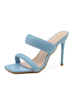 Womens Mules Blue PU Leder Square Tehe Stiletto Ferse Sommer Ferse Slipper