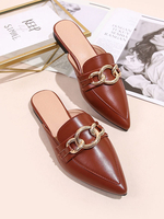 Womens Mules Coffee Brown PU Leder Spitze Zeh Slip-On Casual Flache Schuhe