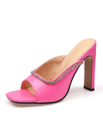 Womens Mules Square Toe Chunky Ferse Slip-On PU-Leder-rosa Sommer-Ferse-Slipper