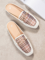 Womens Mules White Canvas Square Toe Welpenabsatz Slip-On Heel Täglich Casual Flat Schuhe