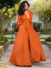Womens Orange Maxi Kleider Lange Ärmel V-Ausschnitt Schärpe Schichten Polyester Langes Kleid