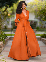 Womens Orange Maxi Kleider Lange Ärmel V-Ausschnitt Schärpe Schichten Polyester Langes Kleid