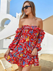 Womens rote Skater Kleider Bateau Hals 3/4 Länge Ärmel Rüschen Blumendruck geschichtetes lässiges beiläufiges Kleid Midi-Kleid