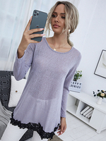 Womens T-shirt hellgrau lange Ärmel Polyester Juwel Hals Spitze T-shirt Casual Tops