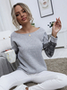 Womens T-shirt hellgrau lange Ärmel V-Ausschnitt Polyester Lace T-shirt Casual Bluse
