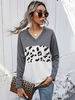 Womens T-shirt Weiß Grau Farbe Blockieren Lange Ärmel Polyester V-Ausschnitt Casual T-Shirt