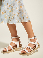Womens White Gladiator Sandalen PU Leder Round Toe Knöchelriemen Sommersandalen