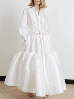 Womens White Party Kleider Buttons Turndown Kragen Langarm Shirt Kleid Langes Abendkleid