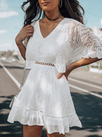 Womens White Summer Dress V-Ausschnitt Spitze Halbhülse Sommer Midi Beach Kleid