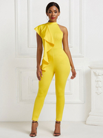 Womens Yellow Jumpsuit Jewel Neck Ärmellose Rüschen Asymmetrische trägerlose Lycra Spandex Tapered Fit Sommer One Piece Outfit