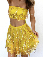 Womens Zwei Stück Sets Gelb Pailletten Bögen Rock Sexy Sommer Ärmellose trägerlose offene Schulter Top Sommer Outfit