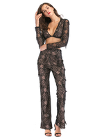 Womens Zwei Stück Sets Schwarz Polyester Plaid Gedruckt Sexy Hosen Lange Ärmel Outfit