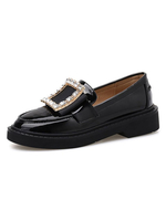 Womne Loafers Black Patent Obere runde Zehen Casual Strass Damenschuhe