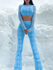 Zwei stück Sets für Frauen Lichthimmel Blau Polyester Lace Up Argyle Muster Casual Hosen Frühling Lange Ärmel Jewel Hals Unregelmäßige Bluse Frauen Outfit
