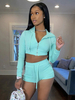 Zwei stück Sets Himmel Blau Lycra Spandex Athletic Top Fall Kurze Ärmeln Kapuzenkordelzug Outfit Für Frauen