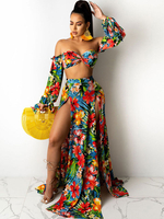 Zwei stück Sets rot Polyester Split Front Falten Blumendruck Sexy Langer Rock Sommer Lange Ärmel trägerlos Layered Sommer Outfit Für Frauen