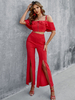 Zwei stück Sets rotes Polyester Retro Kleidung Fall Hälfte Hülsen Bateau Neck Outfit Für Frauen