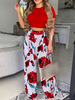 Zwei Teile Sets Rot Polyester Falten Blumendruck Sommer Kurzarm Juwel Halsschicht Lässige Weste Lange Hose Frauen Outfit