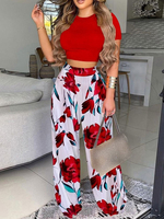 Zwei Teile Sets Rot Polyester Falten Blumendruck Sommer Kurzarm Juwel Halsschicht Lässige Weste Lange Hose Frauen Outfit