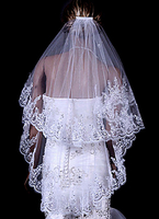 Zweistufige Hochzeit Schleier Tüll Lace Trim Applique Brautschleier mit Kamm