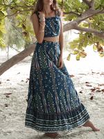 Zweiteiler Blauer Chiffon mit Vierkanthalsausschnitt; gedruckt; verknotet; ärmellos; Damen-Outfit