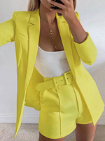 Zweiteiler Gelb Baumwolle Knöpfe Lässige Gürtel Winter Lange Ärmel Umlegekragen Layered Outfit Für Frauen