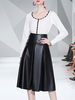 Zweiteiler Weiß Jewel Neck Long Sleeves Klassische Bluse Schwarzer PU Lederrock Damen Outfit