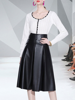 Zweiteiler Weiß Jewel Neck Long Sleeves Klassische Bluse Schwarzer PU Lederrock Damen Outfit