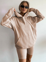 Zweiteilige Sets Apricot Polyester Shorts Frühling Lange Ärmel Mit Kapuze Outfit Für Frauen