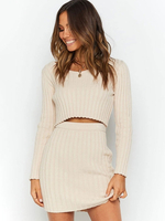 Zweiteilige Sets Aprikosen-U-Ausschnitt Langarm Sexy Top Mit Rock