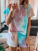 Zweiteilige Sets Aqua Polyester Cotton Tie Dye Lässig Sommer Kurzarm Jewel Neck Outfit für Frauen