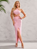 Zweiteilige Sets aus rosafarbenem Polyester; sexy; langer Rock; ärmelloses Outfit für Frauen