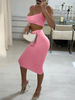 Zweiteilige Sets aus rosafarbenem Polyester; sexy Oberteil; Frühling; lange Ärmel; trägerloses Damen-Outfit
