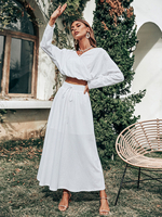 Zweiteilige Sets aus weißem Polyester mit V-Ausschnitt; lässig; lange Ärmel; Sommeroutfit für Frauen