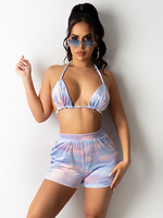 Zweiteilige Sets Baby Blau Lycra Spandex Neckholder Tie Dye Plissee Casual Top Ärmelloses Outfit Für Frauen