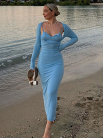 Zweiteilige Sets Baby Blau Polyester Plissee Herbst Lange Ärmel Sweetheart Neck Stretch Casual Bluse Langes; figurbetontes Kleid Outfit Für Frauen