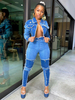 Zweiteilige Sets Blau Denim Umlegekragen Farbblock Casual Langarm Jacke Damen Outfit